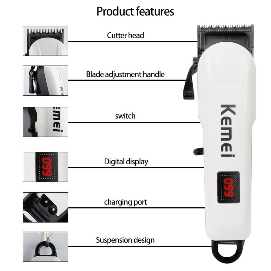 Aparat masina de tuns, Kemei, Lame otel inoxidabil, Reincarcabil, 12W, Alb/Negru