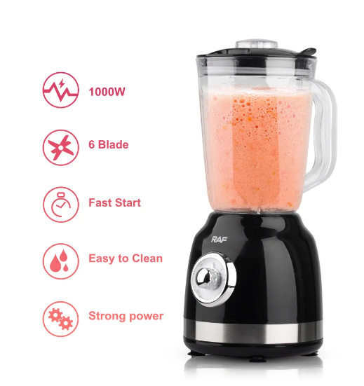 Blender Electric 2 in 1 RAF® , 500 W, capacitate recipient 1.5L, 2 trepte viteza, Negru