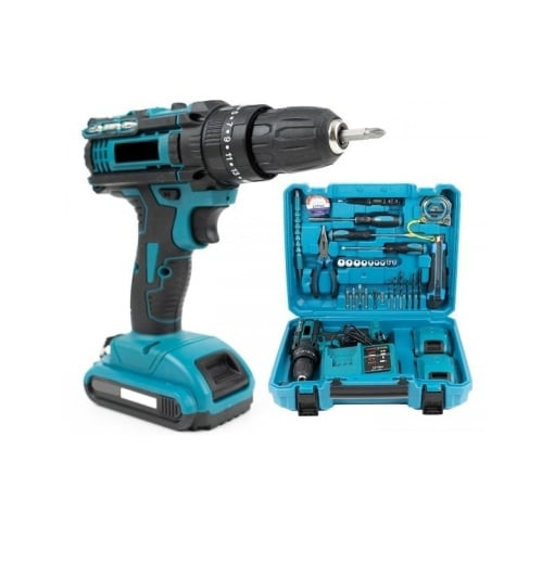 Bormasina electrica portabila 36V, cu percutie, 2 acumulatori, trusa si 30 accesorii, albastru
