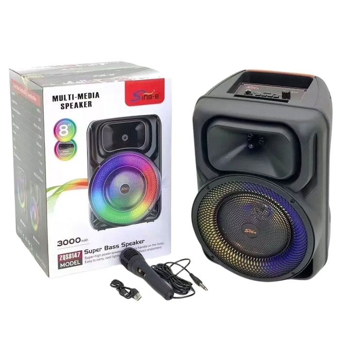 Boxa portabila cu microfon ZQS8147, 45W PMPO, BT/FM/USB/AUX, RGB