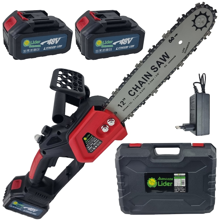 Drujba cu lant de mana pe acumulator Mencoza™ Lider, 48V, 6000mAh, lama 30cm, 2 acumulatori