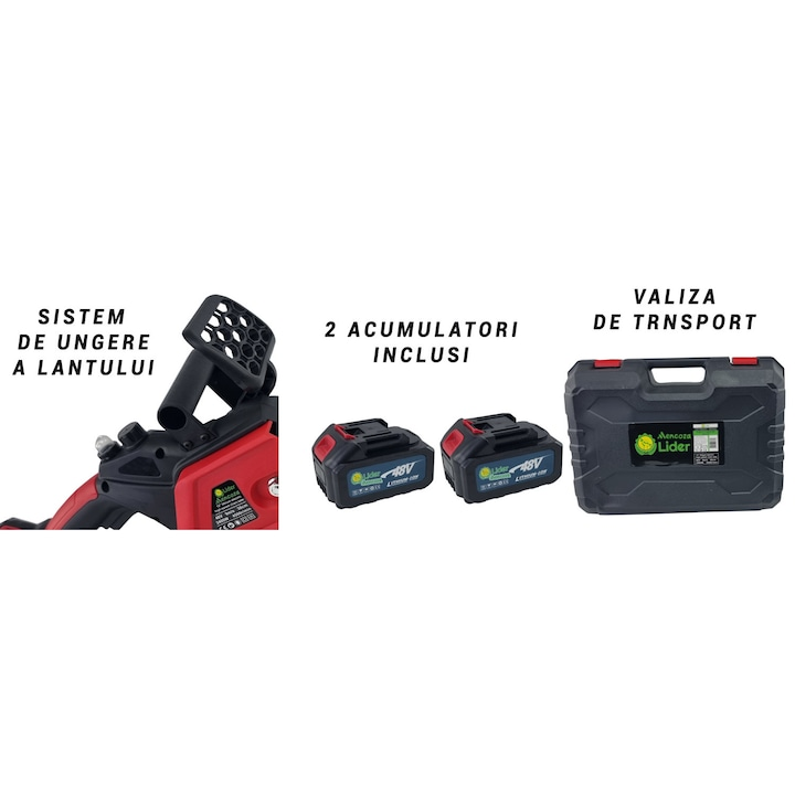 Drujba cu lant de mana pe acumulator Mencoza™ Lider, 48V, 6000mAh, lama 30cm, 2 acumulatori