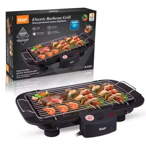 Gratar electric, RAF, Putere 2000W, pentru 6 persoane, 5 trepte, din otel si metal, 47 cm lungime, negru