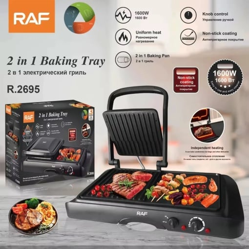 Grill electric 2 in 1, RAF R2695, 1600 W, grill si dublu grill, 49x22x36 cm, negru