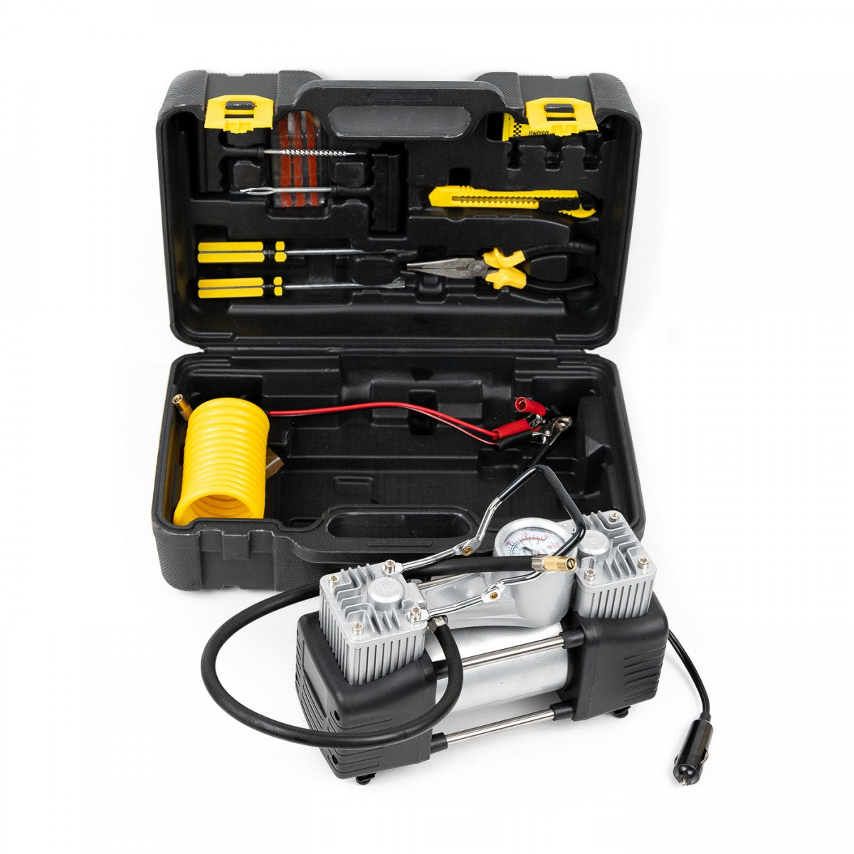 Kit pentru pana vulcanizare, compresor 12V, 2 cilindri 150 PSI si 7 accesorii premium