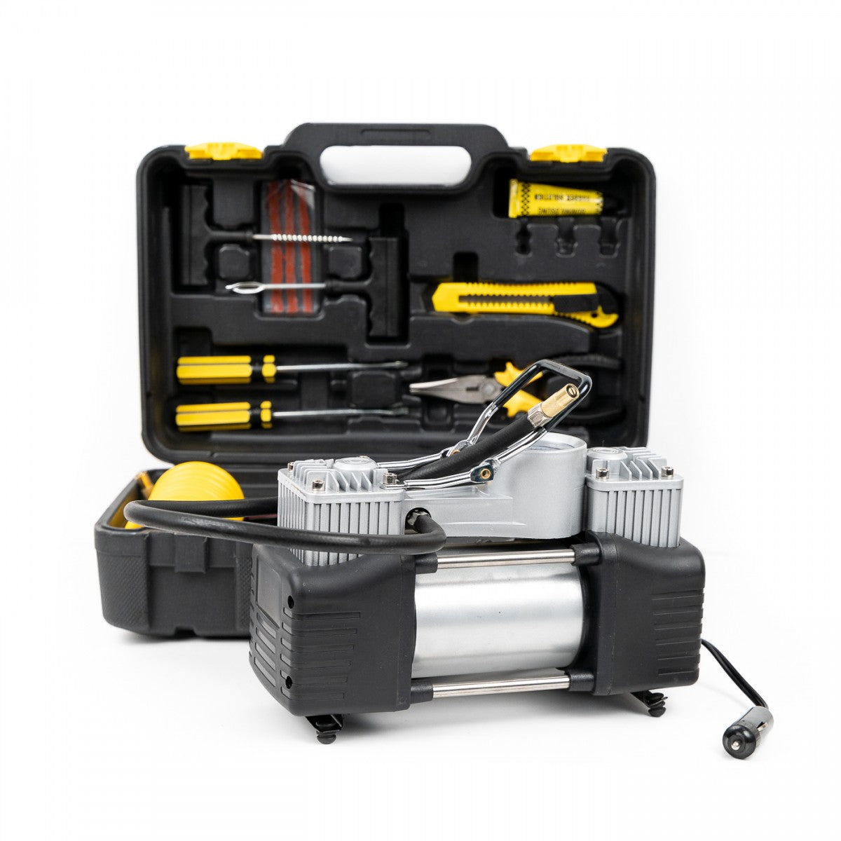 Kit pentru pana vulcanizare, compresor 12V, 2 cilindri 150 PSI si 7 accesorii premium
