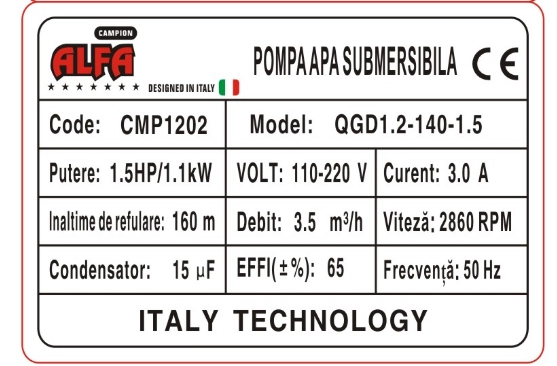 Pompa submersibila Alfa Premium, refulare 160m, debit 3.5m3/h, inox, 20m cablu, bobinaj cupru