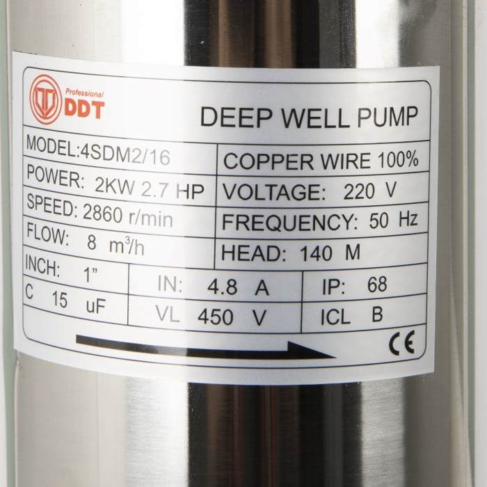 Pompa submersibila de mare adancime, DDT, 4SDM2-16, 2000W, Refulare 160M, Debit 8 m³/h, Inox, 16 turbine