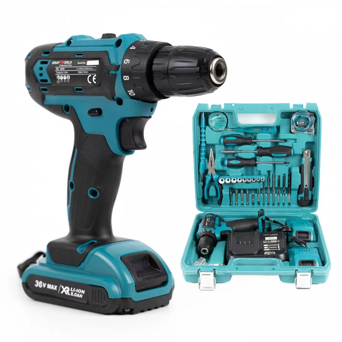 Trusa Bormasina cu percutie KraftWorld XR,2 acumulatori 36V, 8Ah, incarcator, 30 accesorii